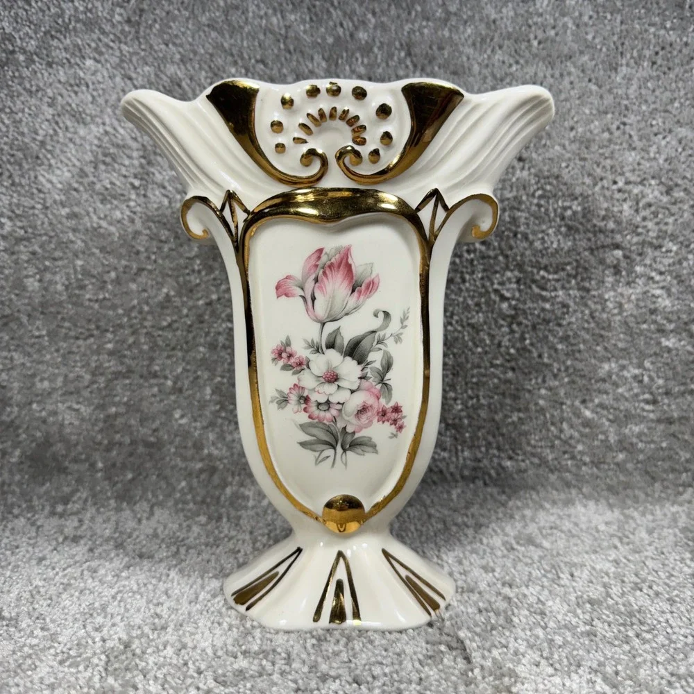 Vintage Floral Design‎ Vase Cream Gold Gilded Tulip Regency